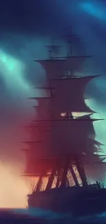 Tall ship navigating a stormy sea with vibrant skies.