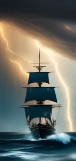 Ship sailing through stormy seas illuminated by lightning strikes.