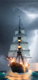 A majestic ship sails through a storm with lightning in the background.