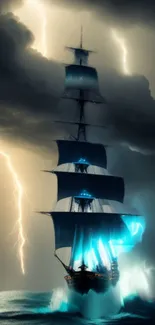 Sailing ship enduring stormy sea with lightning and dark sky.