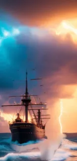 A majestic ship sails through a vibrant storm with lightning in the sky.