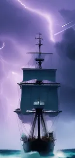 A majestic ship sails through a purple storm.