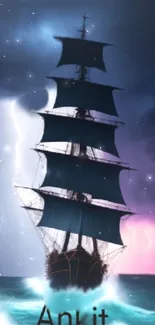 Majestic ship sailing in a stormy sea with lightning and a pink horizon.