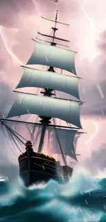 Majestic ship sailing through a lightning storm on turbulent seas.