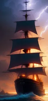 Majestic ship illuminated by lightning in storm at sunset over ocean waves.