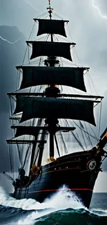 Majestic ship sails through stormy sea under dark, dramatic skies.