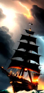 Majestic ship in stormy sea with lightning and dramatic clouds.