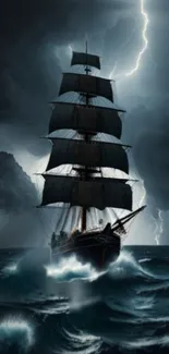 Sailing ship in a stormy sea under lightning-lit sky.