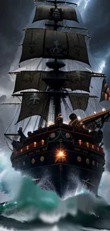 A majestic ship sails through a stormy sea with waves and lightning in the sky.