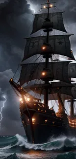 Tall ship sails through a stormy ocean, illuminated dramatically by lightning bolts.