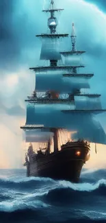 Majestic ship braving a stormy sea with lightning in the sky.