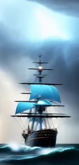 Ship with blue sails in a stormy ocean with lightning overhead.