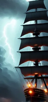 Majestic ship sailing through stormy seas with dark skies and lightning.