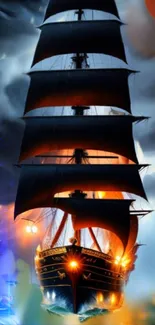 Majestic ship with black sails in a stormy sea, glowing with orange and blue hues.