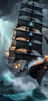 Majestic ship braving a storm with thunderous waves and lightning strikes.