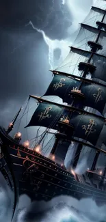 Majestic ship tackling stormy seas with dramatic clouds and lightning.