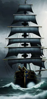 Majestic ship sailing through stormy seas with dramatic lightning in the background.