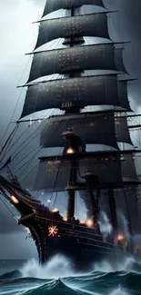 Majestic ship sailing in stormy seas with dark clouds overhead.