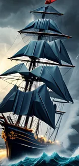 Majestic sailing ship navigating stormy seas under dark skies.