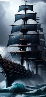 Majestic dark blue sailing ship in stormy seas, dramatic flow and intensity.