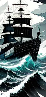 Majestic black sail ship in stormy seas, dynamic and adventurous.