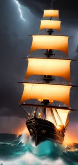 Majestic ship with glowing sails in a stormy ocean under dark skies.