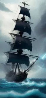 Majestic ship sailing through stormy dark seas under dramatic skies.