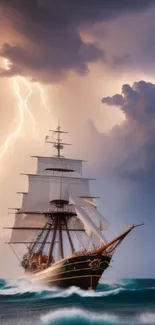 A majestic ship sails through stormy seas with lightning illuminating the sky.