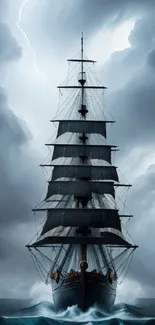 Majestic ship sailing through stormy seas with dark clouds and lightning.