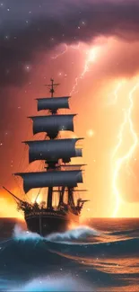 Tall ship navigating storm with vivid lightning above.