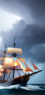 Majestic ship sails through a dark storm on the ocean.