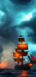 Majestic ship sailing through stormy seas under a vivid, lightning-lit sky.