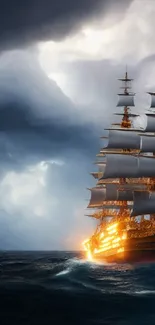 Majestic ship sailing through stormy seas under dramatic skies.