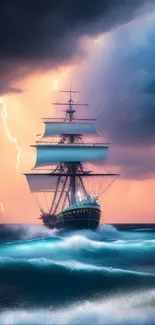 Majestic ship sails through stormy seas with lightning illuminating the sky.