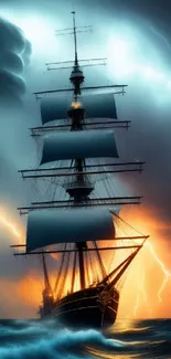 Majestic ship navigating a stormy sea with dramatic lighting.