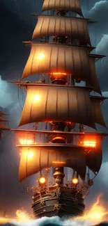 A majestic ship sails dramatically under stormy skies on the ocean.