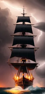 Majestic ship braving stormy seas with striking lightning.