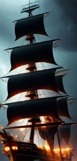 Majestic ship sails through stormy seas with dramatic lightning.