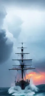 Majestic ship on stormy ocean with sunset sky.