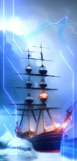 Majestic wooden ship amid storm and digital lightning strikes.