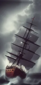 A majestic ship sails through stormy seas under dark clouds.