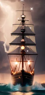 Majestic ship sailing through stormy seas with glowing lanterns and dramatic clouds.