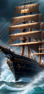 Majestic ship sails through stormy ocean waves with dramatic skies.