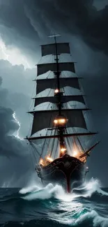 Majestic sailing ship in stormy ocean with dark sky.