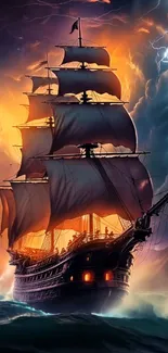 Majestic ship sailing through a storm with dramatic sky and lightning.