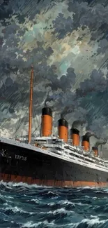 Majestic ship sailing through stormy seas with dramatic skies.