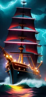 Majestic ship sailing stormy ocean with lightning.