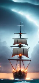 Tall ship sails through stormy seas with lightning in the background.