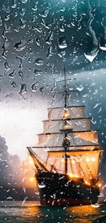 Majestic sailing ship illuminated against stormy seas and dramatic skies.