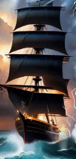 Majestic ship sailing through a stormy sea with lightning in the background.